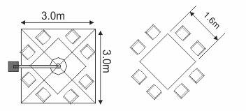 Layout sombrilla 3x3m con mesa cuadrada