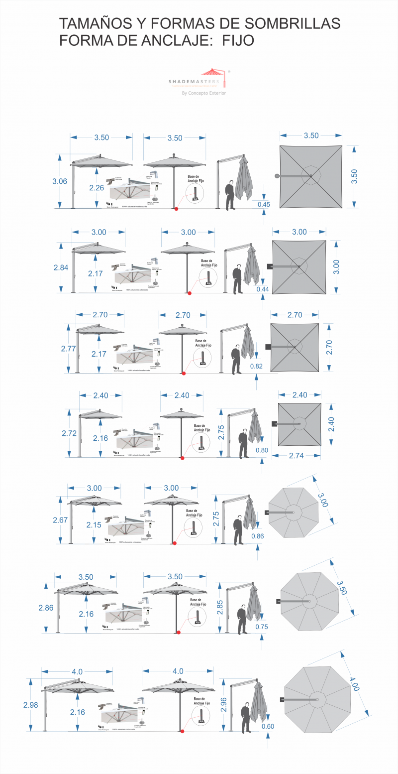 tamaños y formas sombrilla Cozumel poste lateral